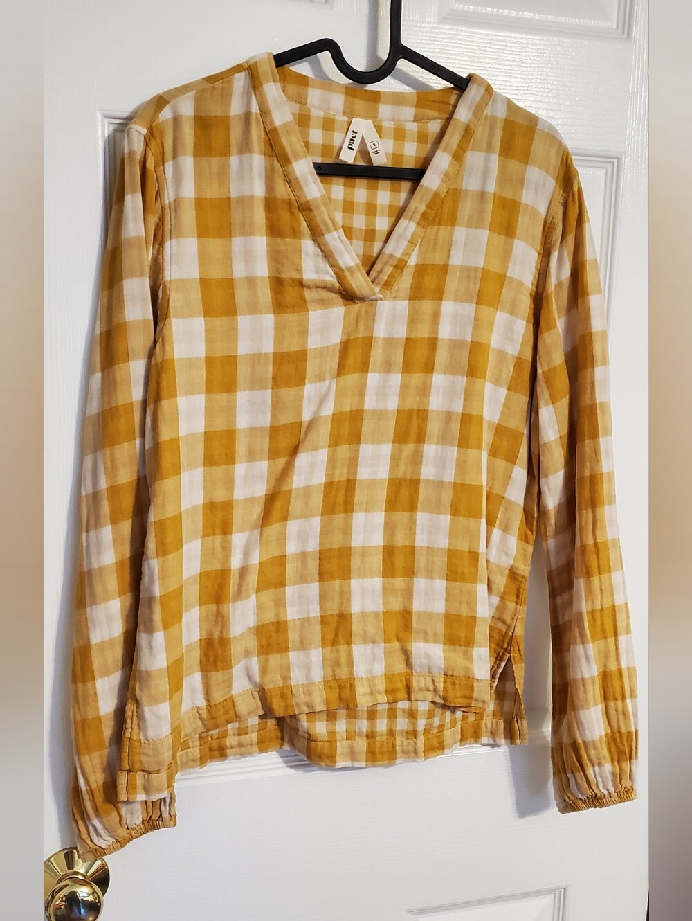 Pact Women's Coastal Double Gauze Daily Long Sleeve Top Mustard Gingham Size Sma